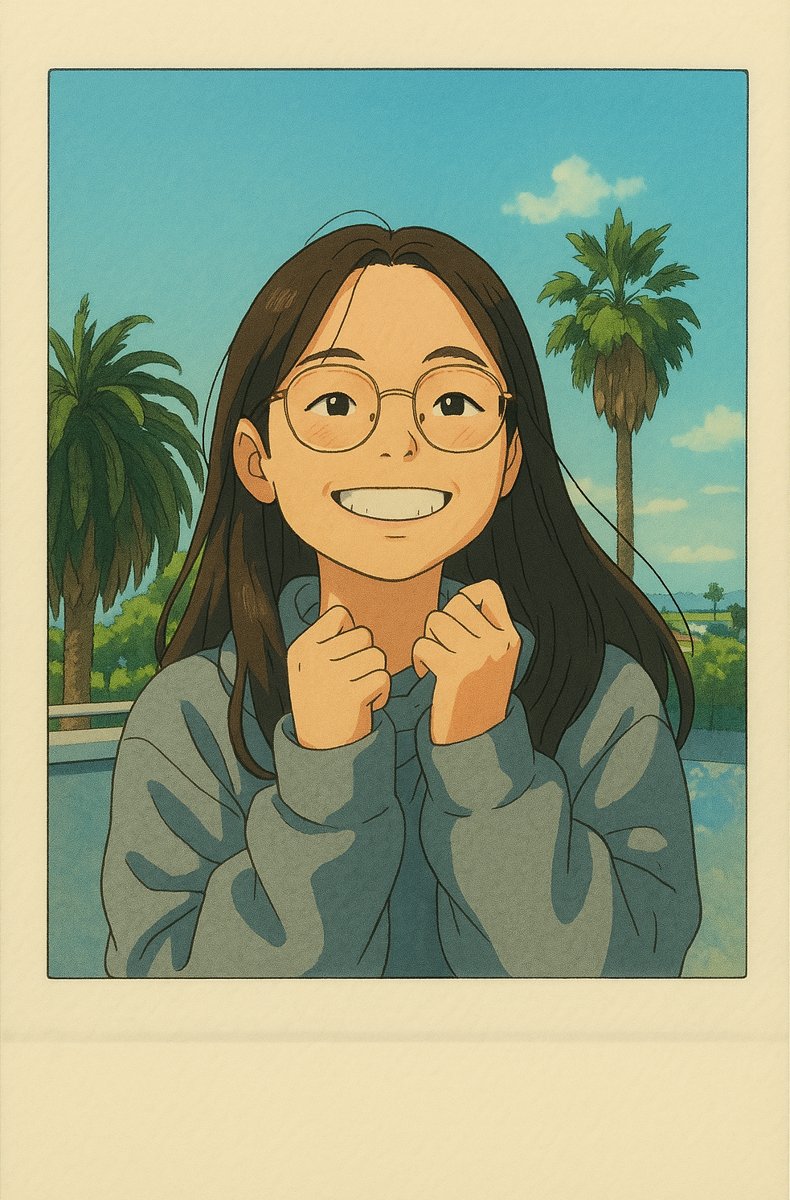 Illustrated portrait of Emily Furst smiling in a gray hoodie, with palm trees behind her